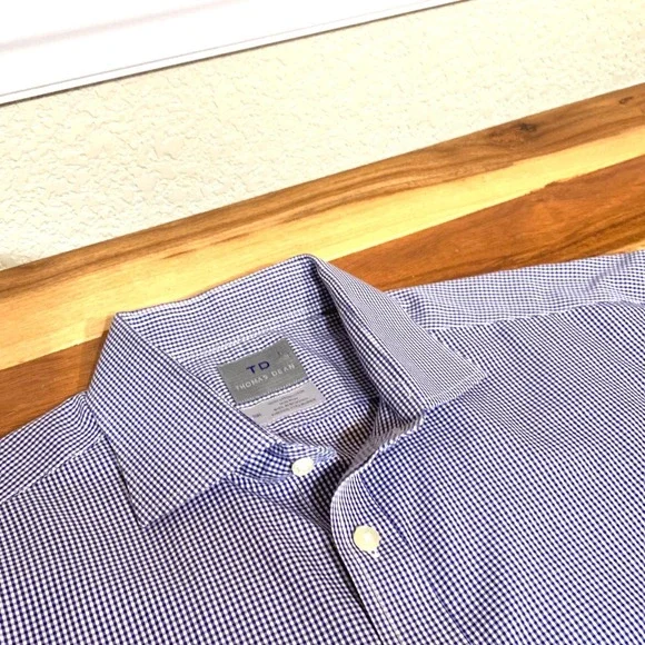Thomas Dean Mens Blue Gingham Check Dress Shirt 16R Long Sleeve‎ Button Down - Picture 4 of 11